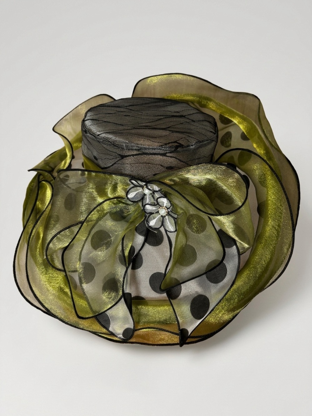 Elegant Olive Green and Black White Polka Dot Organza Derby Wide-Brim Hat - Picture 3 of 12
